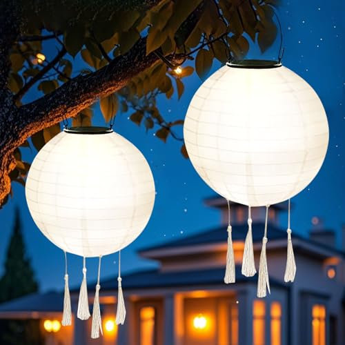 2 Stück Solar Lampions Außen Wetterfest, 25 CM Lampions Solar Außen Laternen für Außen Warmweiß Solarlampions für Draußen Hängend Gartenlaternen Laterne für Garten Balkon Hof (E)