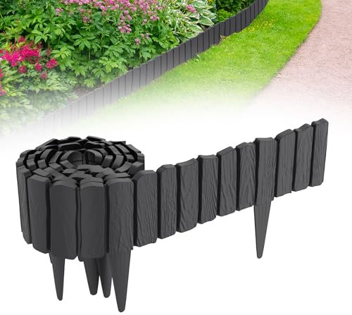 QEENTOE 2.4m Rasenkante Kunststoff Beetumrandung mit Holzoptik & 10 cm Erdspießen - Mähkante für Garten, Beeteinfassung Anthrazit, Palisade im Holzdesign Anthrazit