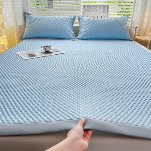 ZF YLYH Sommer Bettlaken Kühlende Spannbetttücher Set: Cool Ice Silk Bettwäsche mit Kissenbezüge Kühle Atmungsaktive Gesteppte Spannbettlaken für Heißschläfer (Blau-A, 180 * 200cm+2*Kissenbezug)