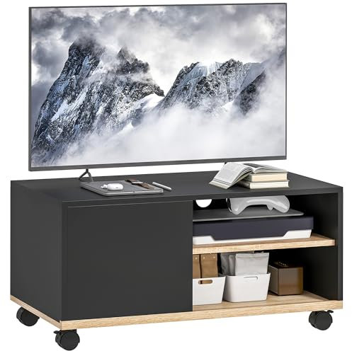 HOMCOM Meuble TV sur roulettes avec 2 Freins - 2 niches + Placard Porte 2 Passe-Fil - en Bois Noir chêne Clair