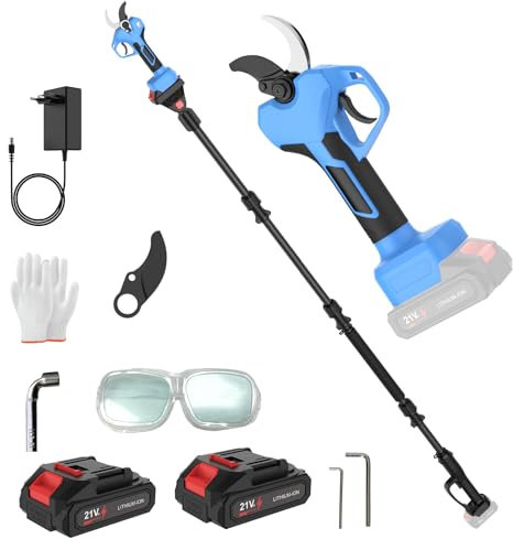 Sécateur électrique avec Perche Télescopique 2 m, Sécateur électrique sans fil avec 2 × 1500mAh Batteries, 1000W Moteur sans Balais et Écran, Diamètre de Coupe de 40 mm, Pour Les Jardins, Les Branches