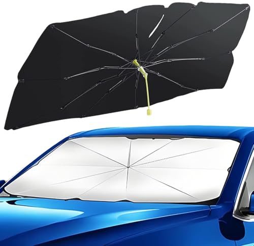 Parasol Paraguas Delantero Coche 145x79cm, Sombrilla Protección UV Plegable, Paraguas Aislamiento Térmico Parabrisas, Protector Solar Revestimiento Titanio Universal para Mayoría Coches, SUV, Camiones