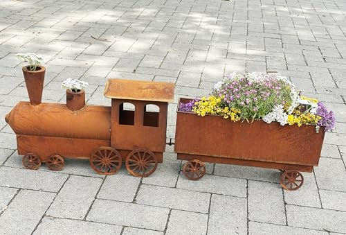 Lokomotive mit Waggon zum Bepflanzen 44x22x132cm Edelrost Gartendeko Rost Metall Eisenbahn Zug Lok mit Anhänger von Steinfigurenwelt