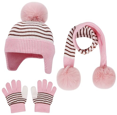 Baynetin ‌Ensemble Bonnet Écharpe Gants d'Hiver pour Enfants - Bonnet à Rabats en Laine avec Pompon‌ Filles Accessoires pour Les Enfants Tout-Petits âgés de 1 à 6 ans (Rose)