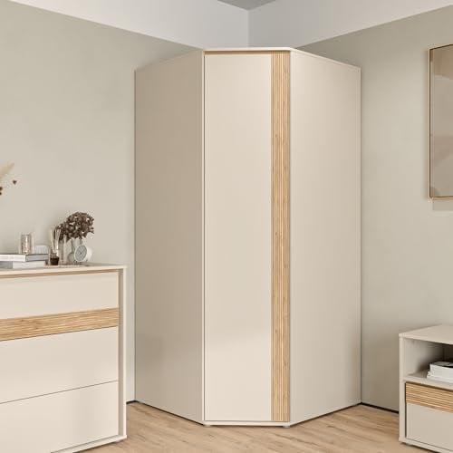 Forte WEXLIN Eckkleiderschrank 90 95, moderner Kleiderschrank mit Schranktür, Kinder- und Jugendzimmer, Kaschmir|Beige|Mauvella Eiche Holzdekor, 92,2 cm breit x 193,7 cm hoch x 92,2 cm tief