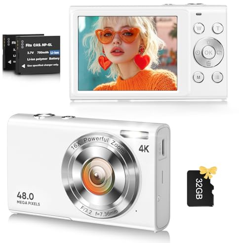 Appareil photo numérique, caméra de vlogging 4K pour caméras YouTube Autofocus pour photographie avec zoom numérique 16x, appareil photo numérique compact 48 MP pour adolescents et adultes avec carte
