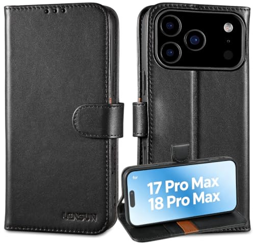 LENSUN Hülle für iPhone 17 Pro Max Echtleder, RFID Blocker Fach- Schwarz | Handyhülle Echtes Leder, Standfunktion, 3 Kartenfäche Handytasche, Bookstyle Lederhülle, Sicherer Magnetverschluss