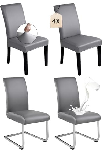 Dmyifan Stuhlhussen 4er Set Hellgrau PU Leder – Elastische & wasserdichte Stuhlbezüge, Waschbar & Abnehmbar – Universell für Esszimmer, Küche, Restaurant, Hotel & Hochzeit