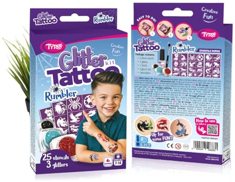 TyToo Glitzer Tattoo Set Kinder – 25 Schablonen & 3 Glitzerfarben – Hautfreundlich, Wasserfest & Dermatologisch Getestet – Kreatives Schminkset für Geburtstag, Party & Festival (Rumbler)