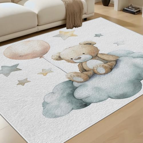 RRUxiia Teddybär Teppich Kinderzimmer 150x180 cm Wolken Sterne Teppich Kurzflor rutschfest Waschbar Aquarell Carpet für Wohnzimmer, Schlafzimmer, Bettvorleger