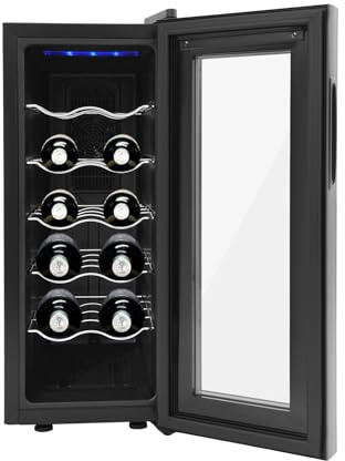 HUOMMGS Weinkühlschrank Klein Weinkühlschränke I 12-18℃ Einstellbar I Geräuscharmer I LED Beleuchtung I Doppelte Gehärtetem Glas I Modern Flaschenkühlschrank Getränkekühlschrank für Büros (12 Flasche)