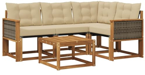 vidaXL Outdoor-Sofagarnitur mit Kissen 5 pcs Natur und Beige, Garten-Sofa, Moderne Außenmöbel, langlebige Sitzgruppe, Bequeme Lounge, Akazien-Sitze, Entspannung im Garten