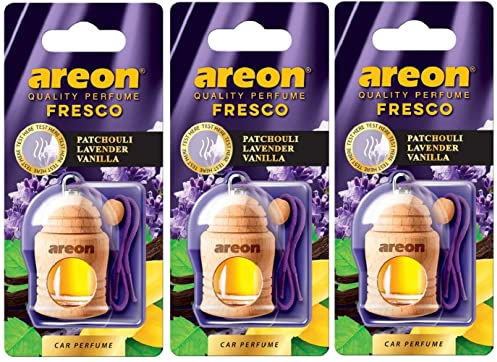 AREON Fresco Auto Vanille Duft Glas Duftflakon Set Flakon Holz Hängend Anhänger Spiegel Gelb 4ml (Pack x 3)