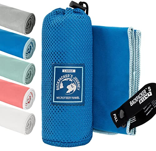 Backpacker's Journey Mikrofaser Handtücher in S M L XL. Reisehandtuch Sets leicht, schnelltrocknend, saugfähig und antibakteriell (blau L&M)