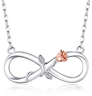 BlingGem Damen Kette Infinity aus Weißgold vergoldet 925 Sterling Silber Rose Unendlichkeit Halsketten Frauen Blume Anhänger Silberkette Einstellbar Geschenk