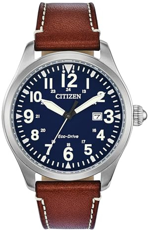 Citizen Men's Eco-Drive Weekender Garrison Field Watch in Stainless Steel with Brown Leather Strap, Blue Dial (Model: BM6838-17L)