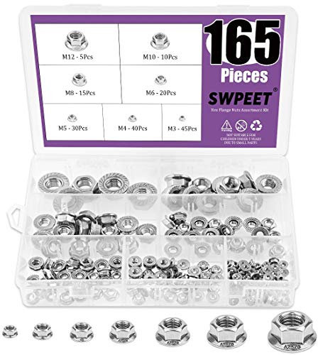 Swpeet 165Pcs 304 Stainless Steel Serrated Metric Flange Nuts Hex Lock Nuts Assortment Kit, 7 Sizes - M3 M4 M5 M6 M8 M10 M12 B07H9ZMJYZ B07H9ZMJYZ B07JHW8WZJ