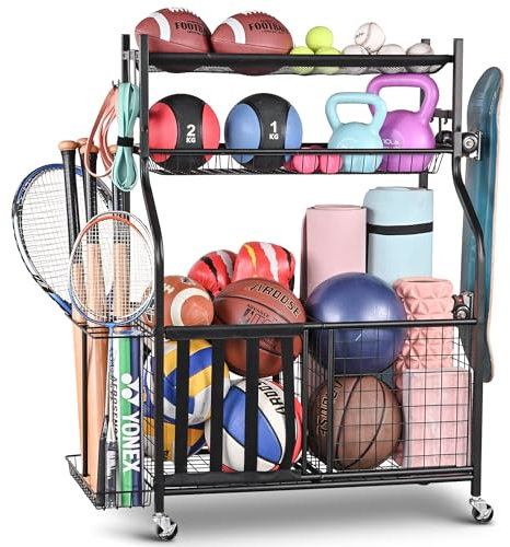 PLKOW Sports Equipment Organizer - Garage Storage Rack with Basket and Hooks, Garage Ball Storage for Toy and Sports Gear, Black