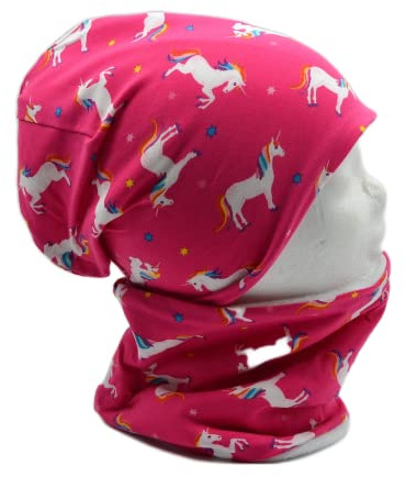 Fleece Loop Schal & Mütze | SET Einhorn Sterne pink rosa weiß | Mädchen für 4-5 - 6-7 - 8 Jahre Kinder warm gefüttert Beanie Kombination