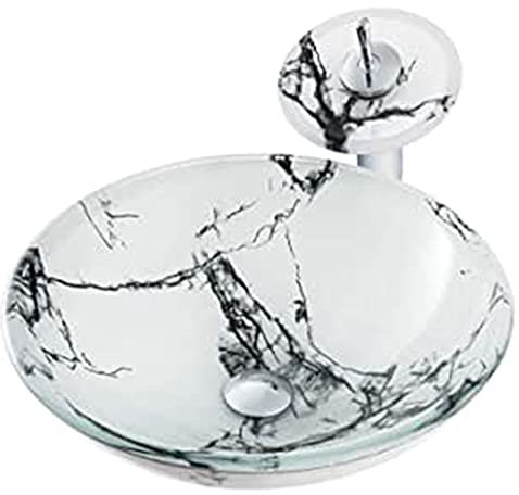 DRSM Lavabo Vasque en Verre Trempé, Vasque à Poser en Verre Trempé Ronde Lavabo Lave Mains Artistique avec Ensemble De Drainage, Robinet, 420×420×145mm,A