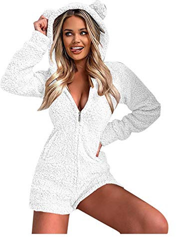 Buetory Womens Cute Sherpa Romper Fleece Onesie Pajama One Piece Long Sleeve Zipper Short Hooded Jumpsuit Sleepwear Playsuit White