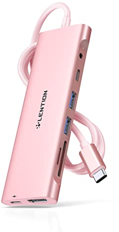 LENTION Hub USB C Câble 1M avec HDMI 4K, 2 USB 3.0, 1 USB C Data Port, Lecteur de Carte, 3,5mm Aux, 100W PD, Dock Compatible MacBook Air/Pro 2024-2016, iPad, iPhone 15/16 Plus Pro Max, etc (Rose)