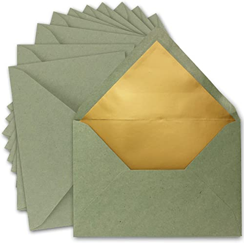 25x DIN C5 Kuverts 15,6 x 22 cm aus Kraft-Papier in Grün mit goldenem Seidenfutter - Nassklebung - Blanko Brief-Umschläge aus Recycling-Papier - Serie UmWelt