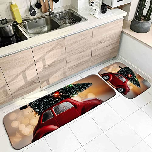 Banemi Teppich Flauschig, Küche Bodenmatte Waschbar Rot Grün Weihnachtsbaum und Spielzeugauto 40X60cm+40X120cm Heimtextilien