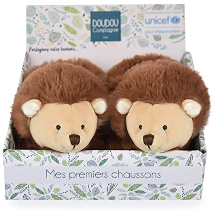 Doudou et Compagnie – Hausschuhe Igel – Unicef – Braun – offene Box – integrierte Rassel – Geschenkidee zur Geburt Mädchen und Jungen – von 0 bis 6 Monaten – DC3998