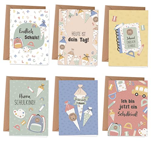Papierdrachen 6 Grußkarten als Klappkarte inklusive Umschlag und 6 Aufkleber zur Einschulung - Grüße für das Schulkind - kindgerechte Glückwunschkarten zum Schulanfang - Pastell - Set 4