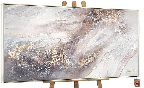 YS Tableau peinte à la main art abstrait modern Se détendre Peinture abstraite sur toile tons gris avec des tons beige et or Surface texturée avec cadre 120x60 cm