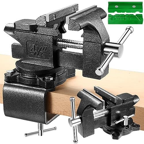 Tornillo de banco de 4-1/2 pulgadas para banco de trabajo, 2 en 1 multiusos resistente con mandíbulas suaves multifuncionales, tornillo de banco giratorio de 270° para carpintería, taller en casa,