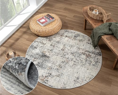 MY-RUG Teppich Mattis rund Creme 120 x 120 cm Runder Esszimmerteppich in kurzflor, Badezimmerteppich in Beige Grau meliert für das Wohnzimmer