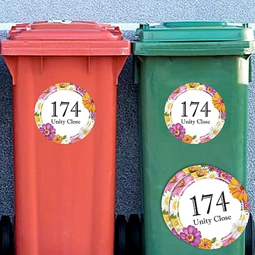 Custom Wheelie Bin Stickers Street Name & Number Waterproof Vinyl Decal Road Dustbin(Set of 4 Small)