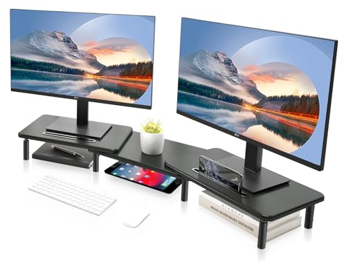 Suptek Dual Monitor Stand Riser, 3 Height Adjustable Desktop Monitor Stand with Slot, Metal Mesh Platform for Laptop, PC, Printer and All Flat Screen up to 20kg