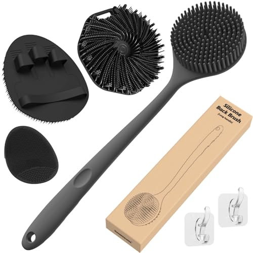 Manmihealth Lot de 4 brosses à récurer en silicone et gants de bain doux (poils épais), brosse exfoliante pour le corps et brosse de douche super moussante, avec un crochet gratuit (noir)