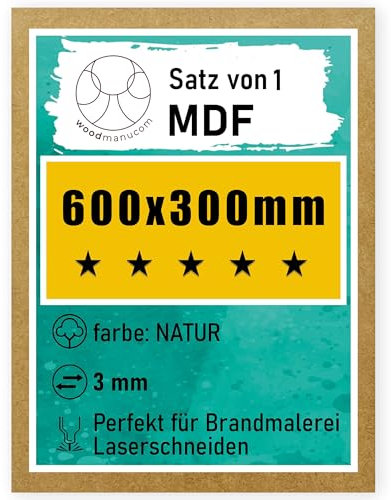 woodmanucom MDF Platten | 600 x 300 x 3 mm | Bastelplatte Dünne Holz-Platten | Perfekt für Laser, CNC Router, Laubsäge, Modellierung (1 Stück natürlich)