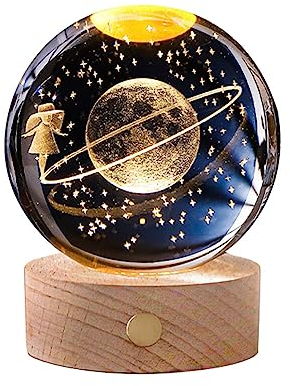 3D Kristallkugel Nachtlicht,LED Ball Lampe,8cm Mond Kristallkugel mit Ständer,USB Touch Nachtlampe Wal Saturn Astronaut Sonnensystem Nachtlicht Lampe Geburtstags Weihnachts Geschenk für Jungen Mädchen