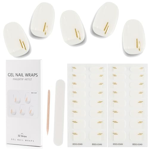 Kalolary 32PCS Cured Gel Nail Polish Strips, Adhesive Full Wrap Gel Nail Art Sticker, Waterproof Gel Nail Wrap Stickers with Nail File and Stick(UV/LED Lamp Required) (Gold Stripe White)