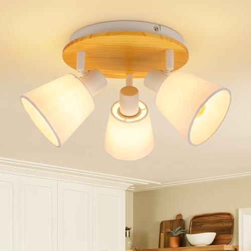 Ketom LED Ceiling Lights Rotatable Wooden Fabric - 3 Spots Light White Round- E14 Industrial Ceiling Light - Ceiling Spotlight Adjustable Modern - No Bulbs