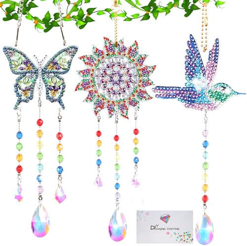 Funshot Diamond Painting Buntglas-Fensteraufkleber mit Diamant-Pinsel, 3 Stück Sonnenblume, Schmetterling, Vogel, Fensteraufkleber für Sonnenblenden, Diamant Kunst Set, Diamantmalerei