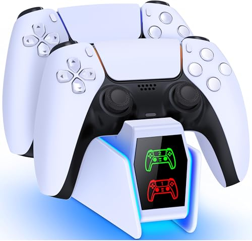 HELLCOOL Ricarica Controller PS5,Caricatore Joystick PS5 per controller Dualsense Wireless/Edge,base ricarica dualsense ps5 con Display a LED/Luce RGB/2-3 Ore di Carica/Type-C Cavo(Bianco)