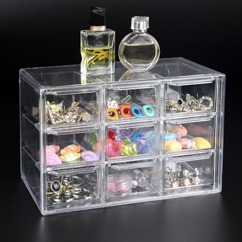 SUPAWAY Acryl Desktop Aufbewahrung Mini Organizer mit 9 Schubladen Klare Desktop Handwerk Schublade Schrank Stapelbare Desktop Aufbewahrungsbox für Kosmetik Schmuck Schreibwaren (18x10x12cm)