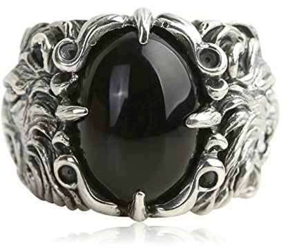 KnSam Ringe Silber 925, Löwe Form Verlobungsring Männer für Herren, Gothic Ring mit Achat Schwarz Oval Form, Gr.61 (19.4), Echt Silber Schmuck