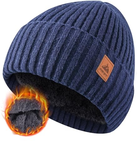FORVEVO Beanie Hats for Men, Winter Hats with Thick Warm Fleece Lining, Thermal Knit Mens Beanie Hat for Winter Daily Life Outdoor Running Skiing, Navy