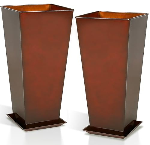 Worth Garden - Juego de 2 macetas Grandes de Metal esmaltado de 25 Pulgadas, lujosas macetas cuadradas Altas de Acero cónico con Acabado Brillante, Maceta Decorativa para Interiores y Exteriores