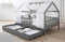 TiCAA Hausbett mit Tüll Kim 90x200 cm, 100x200 cm, 120x200 cm, 140x200 cm für Jungen & Mädchen, inkl. Rolllattenrost, Schubkasten und Rausfallschutz variabel, Hellgrau aus Kiefer Massivholz