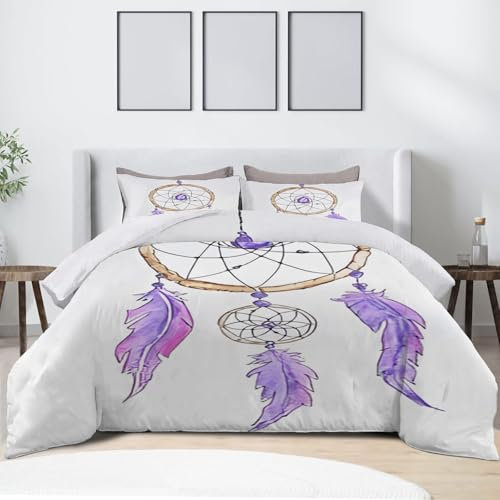 King Size Duvet Cover Sets, Dream Catcher,Feather Pattern, Bedding King Size Duvet Cover, King Size Quilt Cover with Zip Fastening, Brushed Microfiber 3 Bedding Set, White, Purple