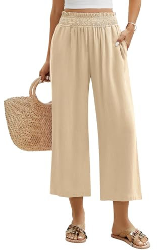 Niwicee Leinenhose Damen Hose Sommer 3/4 Culotte Weite Bein Sommerhose Elastische High Waist Leichte Loose Freizeithose Elegante Lounge Hosen mit Taschen (Khaki, M)