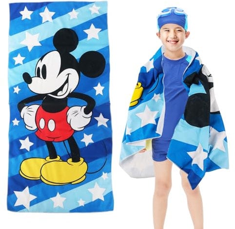 Mickey Kinder Strandtuch, 75 x 150 cm Mickey Badetuch, Mikey Strandponcho Kinder Badehandtuch, Mikrofaser Ultra Weich und Saugfähig Badetuch, Strandtücher für Reisen Schwimmen Strand Fitness Camping